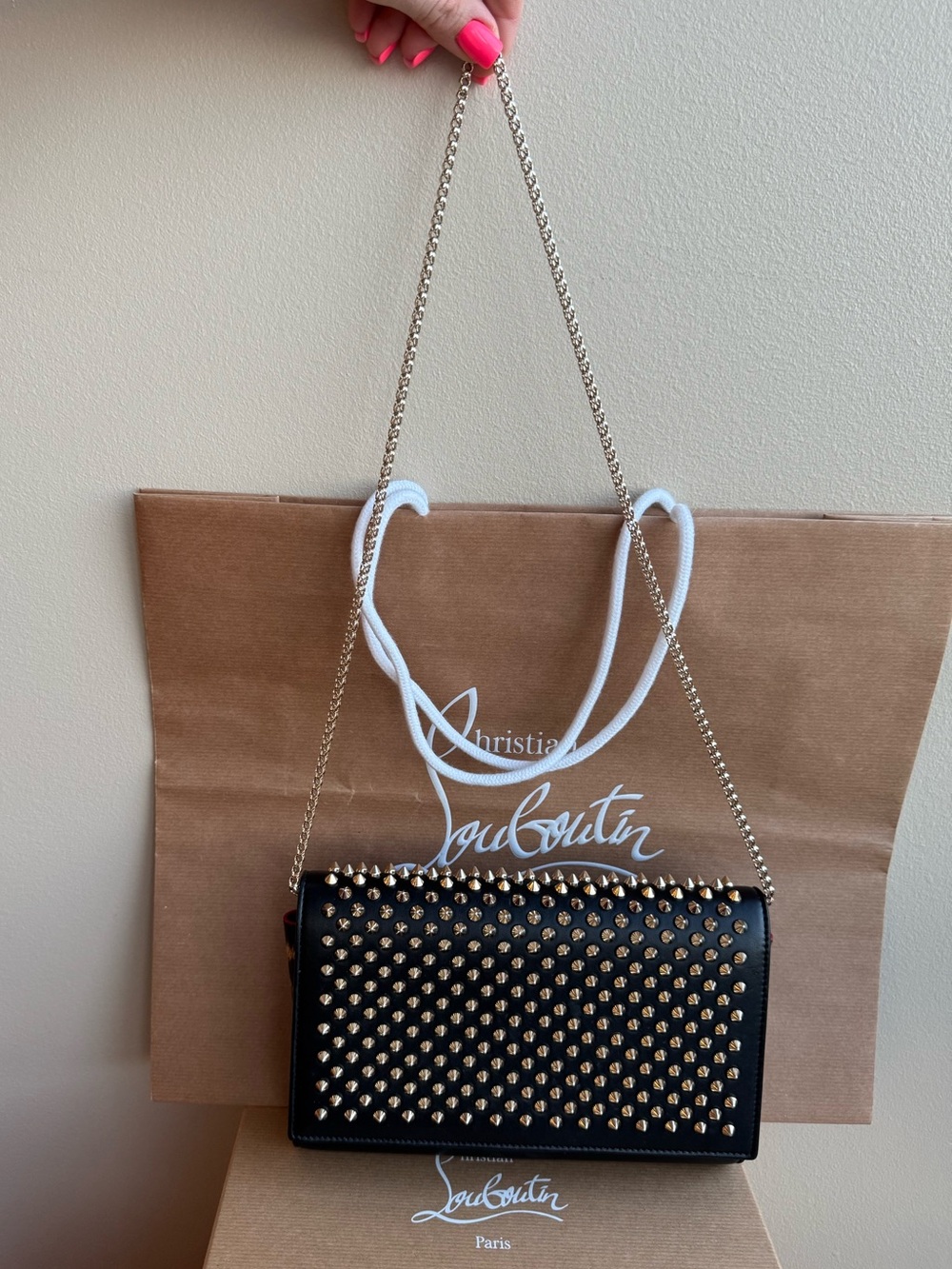 Christian Louboutin Clutch Crossbody Bag, calf leather with spikes, Black, Gold